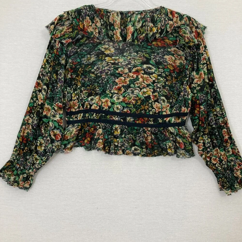 New Free People Green Multi Floral‎ Boho Rudi Ruffle Top XS Festival Whimsical